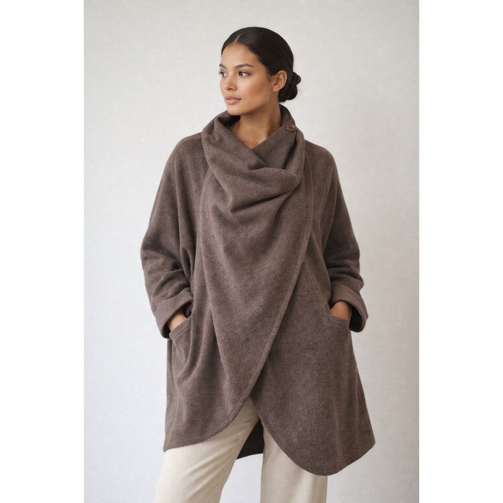 Daniel Hechter Paris Brown Wool Wrap Coat 42 Draped Collar Batwing France